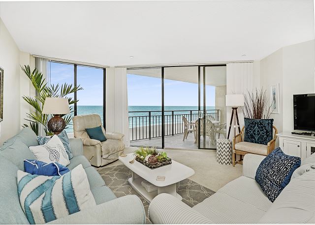 A living room of a Garden City Beach vacation rental