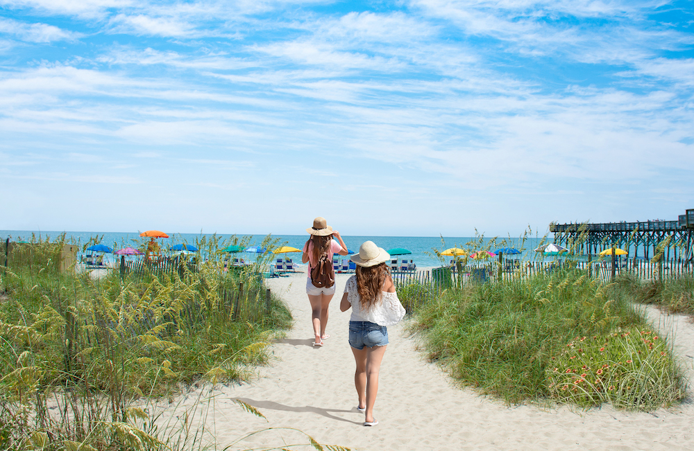 two girls walking toward the beach in Myrtle Beach